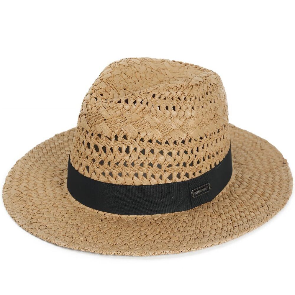 4882 Vented Panama Fedora Sun Hat , Black Ribbon and Patterned Weave Accent